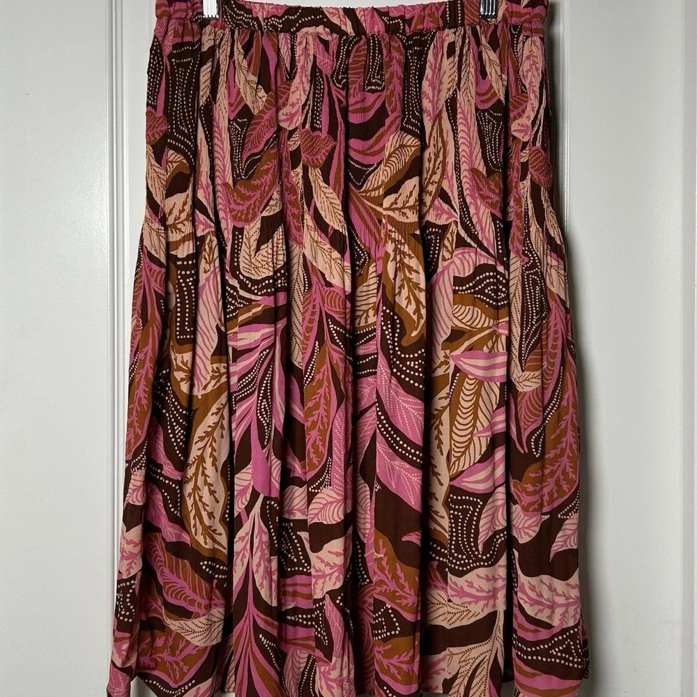 Sunny Leigh Vintage Y2K Brown Pink Botanical Leaf Print Gathered Midi Skirt